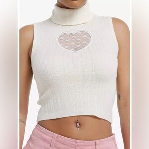 Hot Topic Sweet Society Sleeveless Cream Knit Top with Heart Mesh Panel Detail